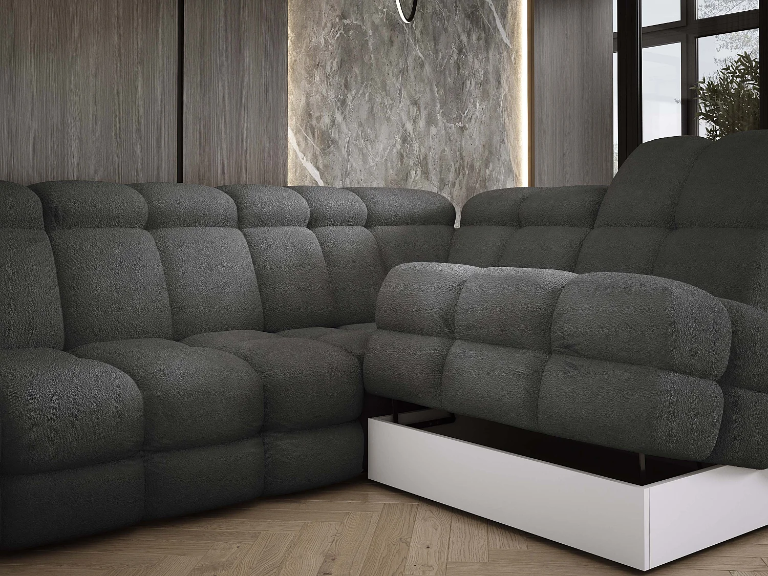 Canapé d'angle Tollo Graphite tissu Anthology côté droit 302x217x105 cm, forme L, convertible, coffre 120x85x17 cm, réglable électriquement