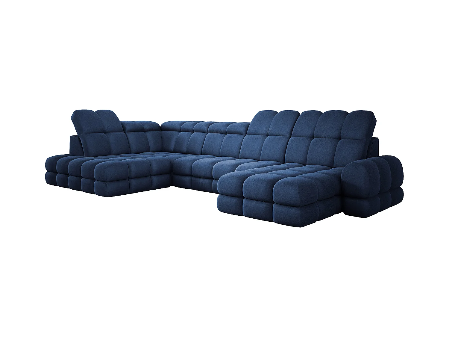 Canapé d’angle Tollo Bleu tissu Solar côté gauche 400x217x105 cm, U-Form avec couchage, coffre 120x85x17 cm, réglable électriquement