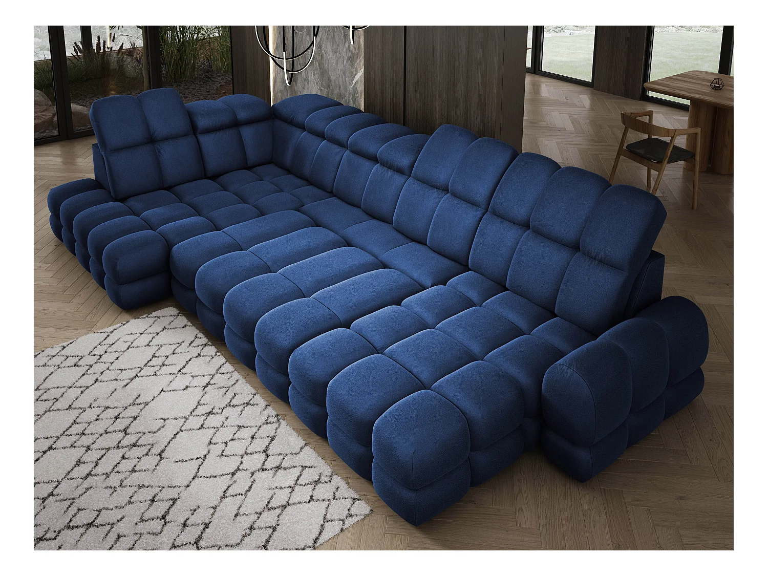 Canapé d’angle Tollo Bleu tissu Solar côté gauche 400x217x105 cm, U-Form avec couchage, coffre 120x85x17 cm, réglable électriquement