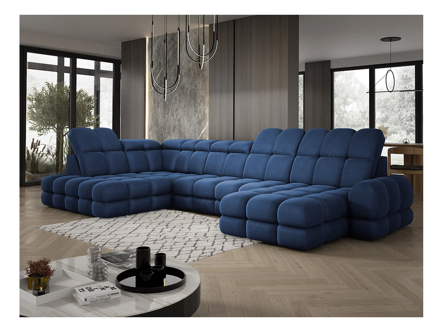 Canapé d’angle Tollo Bleu tissu Solar côté gauche 400x217x105 cm, U-Form avec couchage, coffre 120x85x17 cm, réglable électriquement