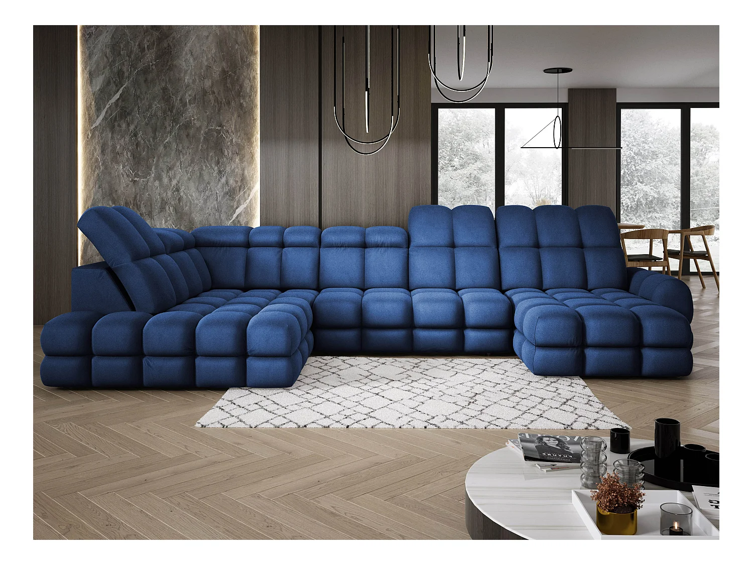 Ecksofa Tollo Blau Solar-Stoff Links 400x217x105 cm, U-Form, Schlaffunktion, Bettkasten 120x85x17 cm, elektrisch verstellbar