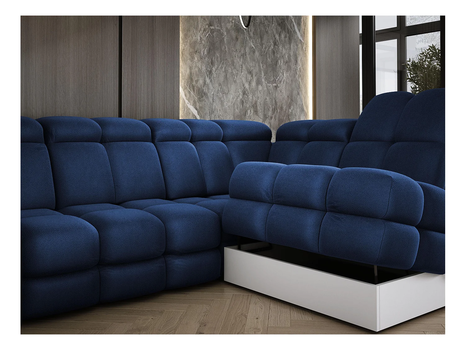 Ecksofa Tollo Blau Solar-Stoff Links 400x217x105 cm, U-Form, Schlaffunktion, Bettkasten 120x85x17 cm, elektrisch verstellbar
