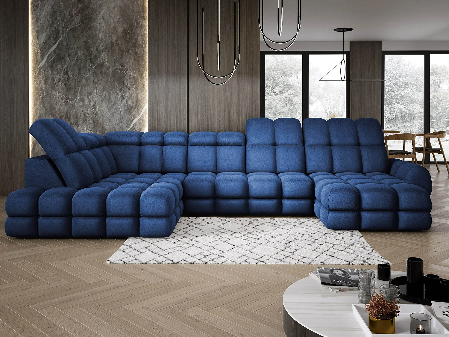 Ecksofa Tollo Blau Solar-Stoff Links 400x217x105 cm, U-Form, Schlaffunktion, Bettkasten 120x85x17 cm, elektrisch verstellbar