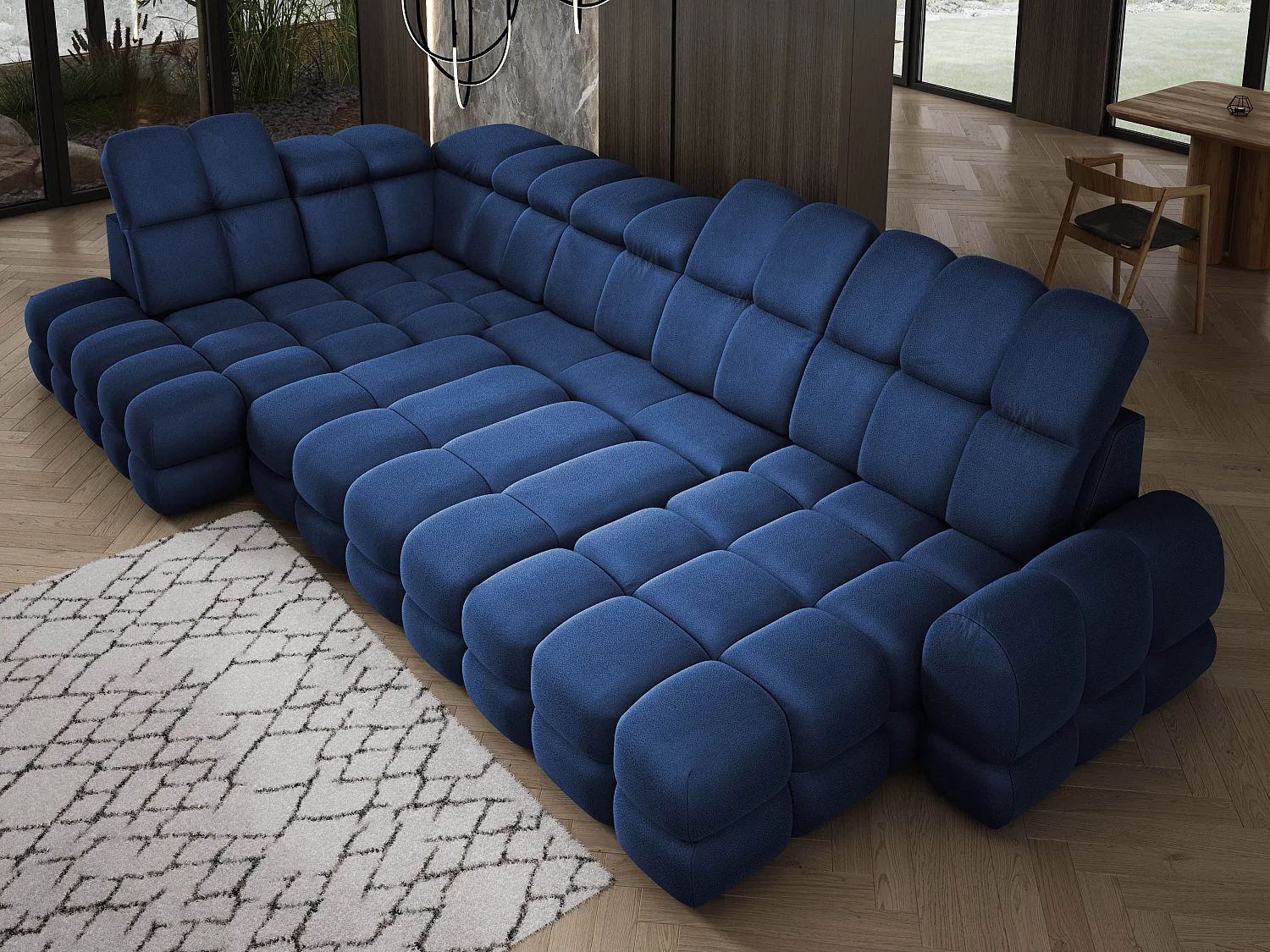 Ecksofa Tollo Blau Solar-Stoff Links 400x217x105 cm, U-Form, Schlaffunktion, Bettkasten 120x85x17 cm, elektrisch verstellbar