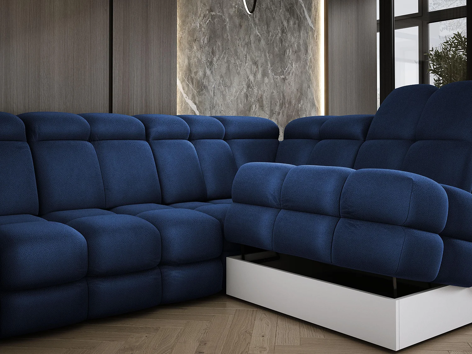 Ecksofa Tollo Blau Solar-Stoff Links 400x217x105 cm, U-Form, Schlaffunktion, Bettkasten 120x85x17 cm, elektrisch verstellbar