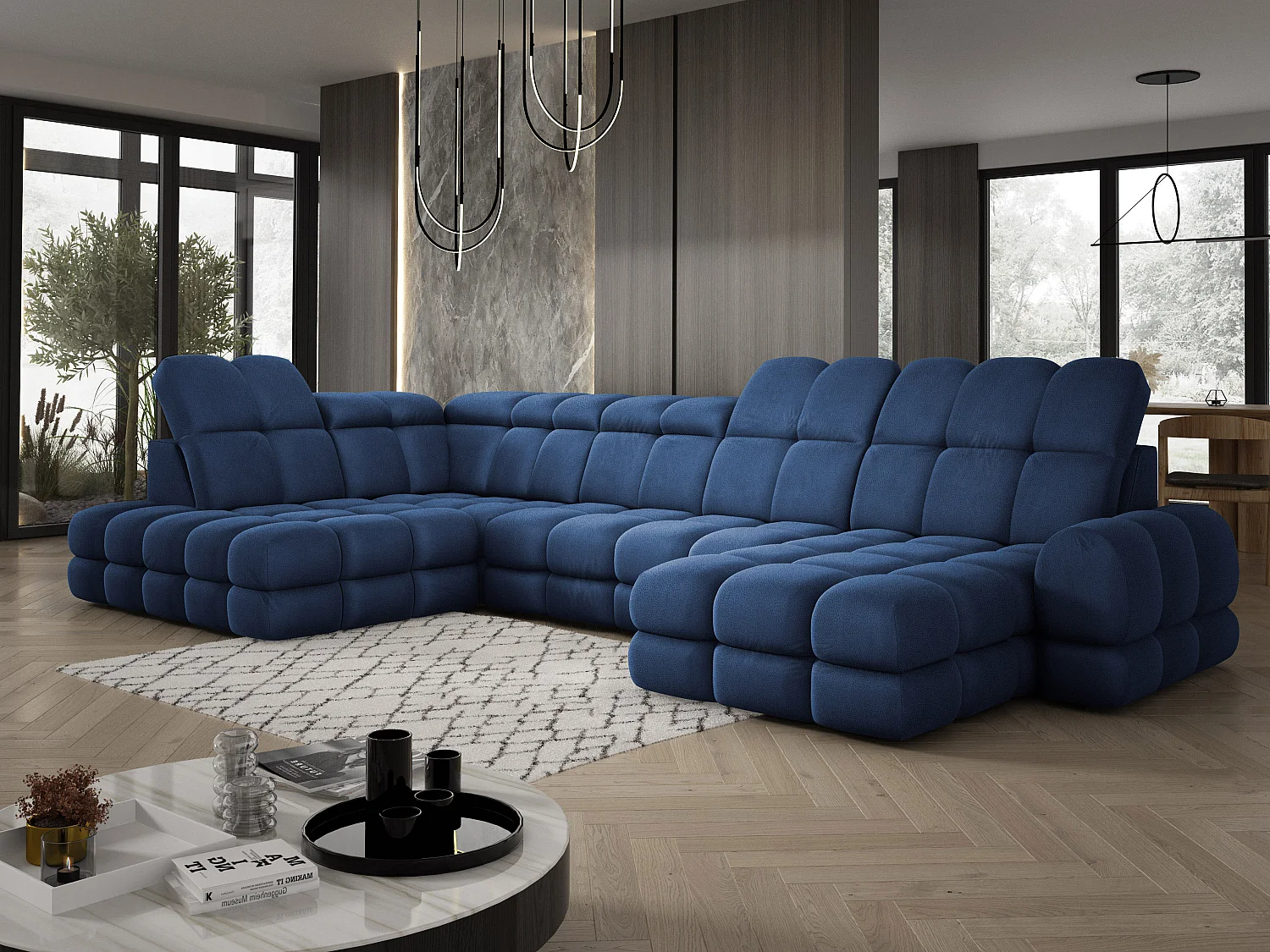 Ecksofa Tollo Blau Solar-Stoff Links 400x217x105 cm, U-Form, Schlaffunktion, Bettkasten 120x85x17 cm, elektrisch verstellbar