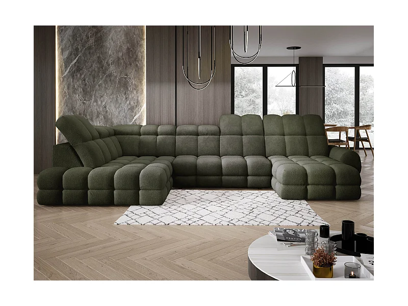 Ecksofa Tollo Grün Anthology-Stoff Links 400x217x105 cm, U-Form, Schlaffunktion, Bettkasten 120x85x17 cm, elektrisch verstellbar