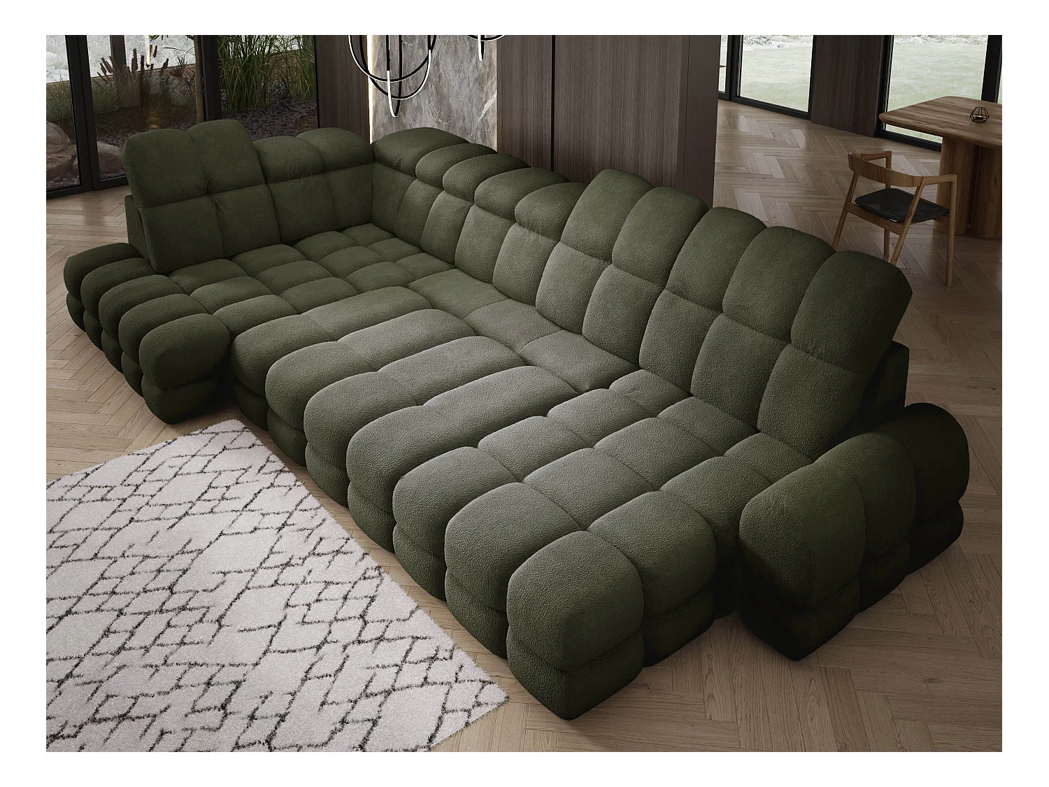 Narożnik Tollo zielony, tkanina Anthology, lewa strona, 400x217x105 cm, sofa U-form z funkcją spania, pojemnik 120x85x17 cm, elektryczna regulacja