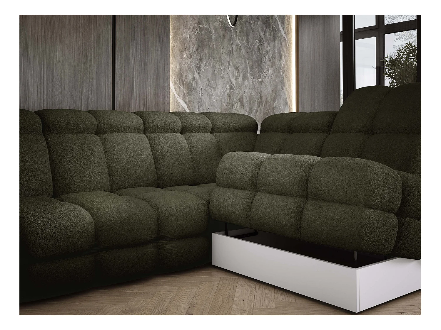 Narożnik Tollo zielony, tkanina Anthology, lewa strona, 400x217x105 cm, sofa U-form z funkcją spania, pojemnik 120x85x17 cm, elektryczna regulacja