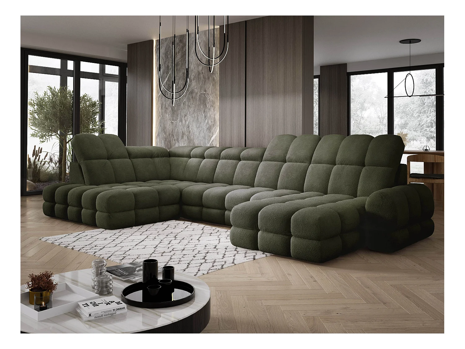 Narożnik Tollo zielony, tkanina Anthology, lewa strona, 400x217x105 cm, sofa U-form z funkcją spania, pojemnik 120x85x17 cm, elektryczna regulacja