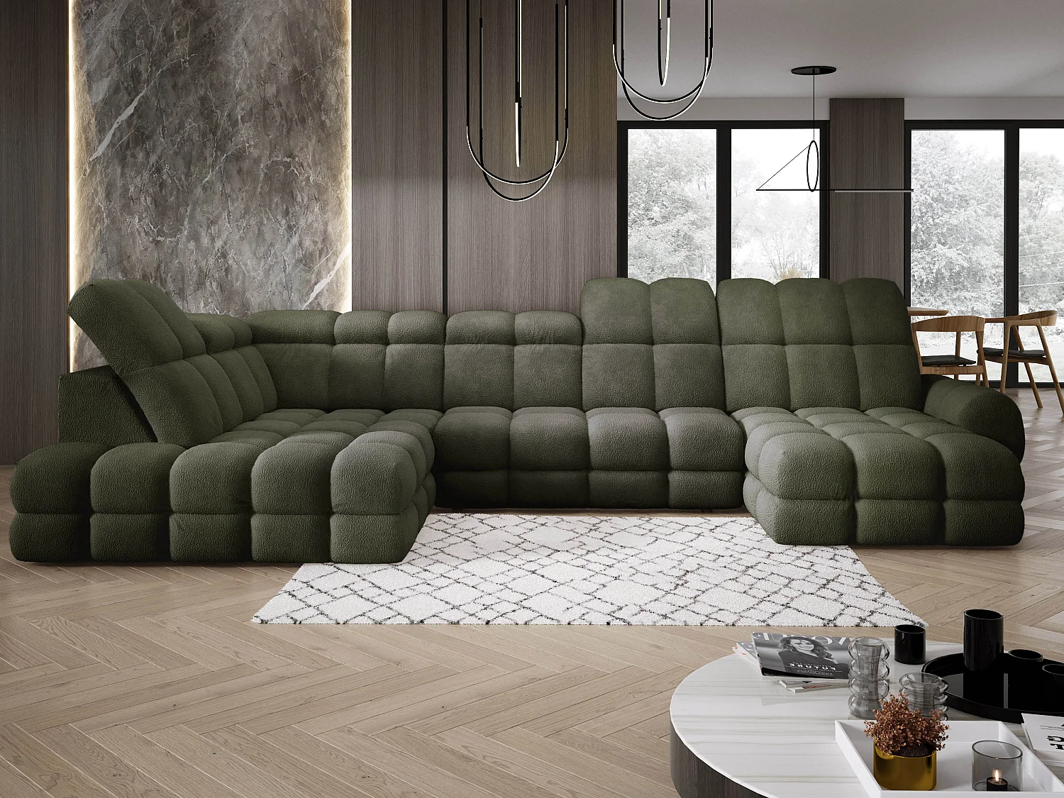 Canapé d’Angle Tollo Vert Tissu Anthology Côté Gauche 400x217x105 cm, Forme U, Convertible, Coffre 120x85x17 cm, Réglable Électrique