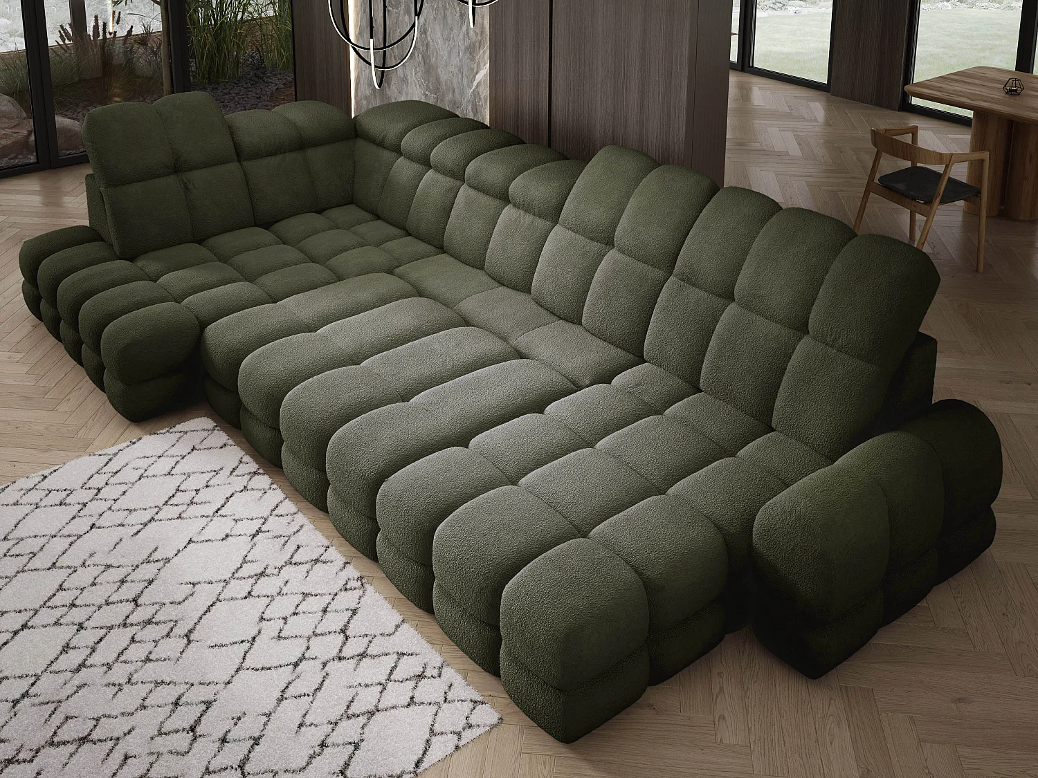 Canapé d’Angle Tollo Vert Tissu Anthology Côté Gauche 400x217x105 cm, Forme U, Convertible, Coffre 120x85x17 cm, Réglable Électrique