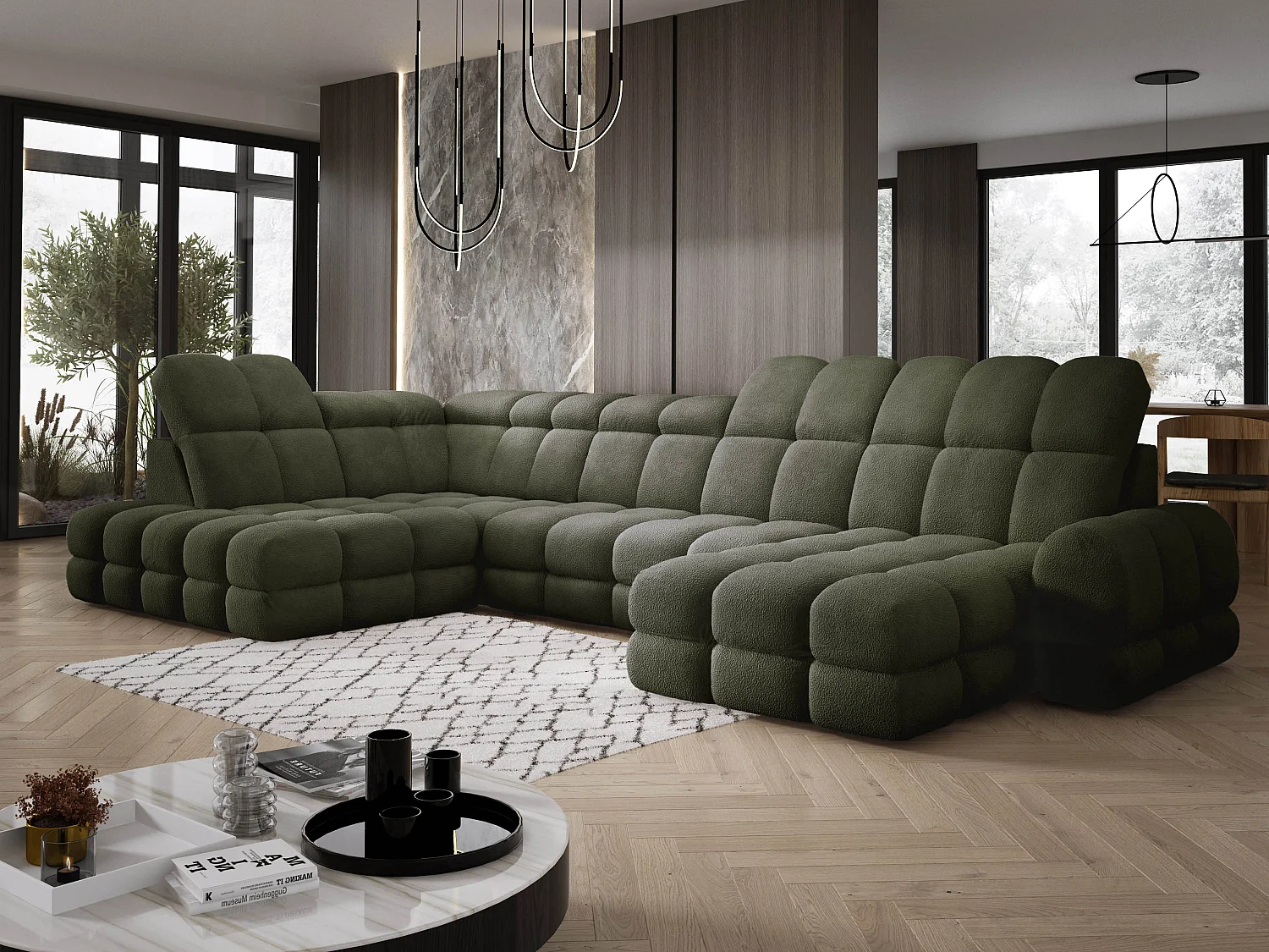 Canapé d’Angle Tollo Vert Tissu Anthology Côté Gauche 400x217x105 cm, Forme U, Convertible, Coffre 120x85x17 cm, Réglable Électrique