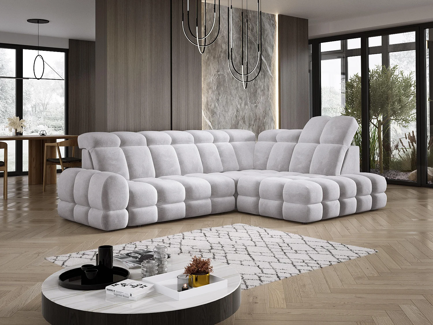 Narożnik Tollo Srebrny Salvador-Tkanina Prawa 302x217x105 cm, Sofa L z funkcją spania, pojemnik 120x85x17 cm, elektryczna regulacja