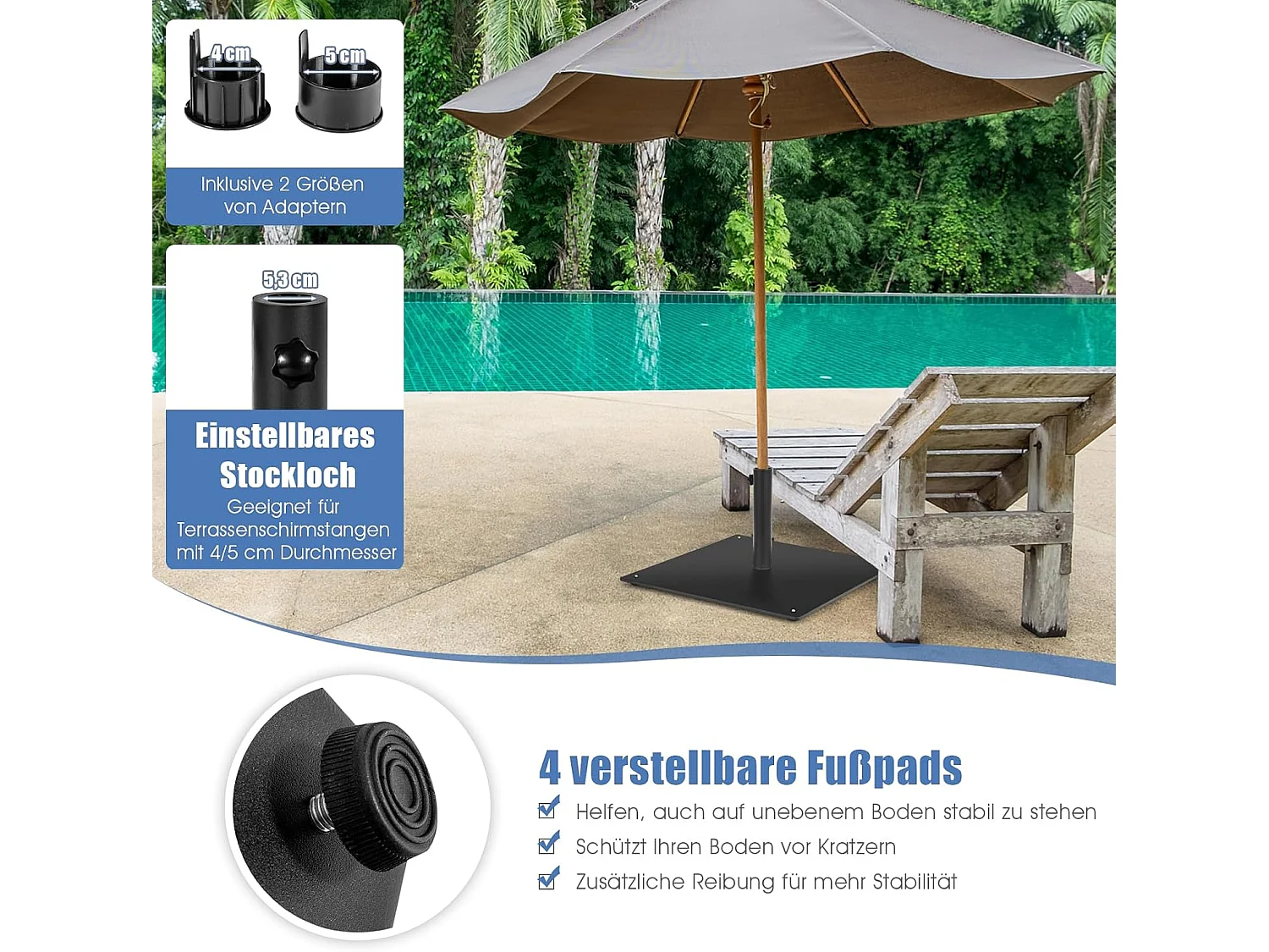 Parasolstandaard, 15 kg, parasolstandaard met 4 verstelbare poten, vierkant parasolgewicht voor parasolstangen van 40/50 mm, parasolvoet voor tuin, balkon