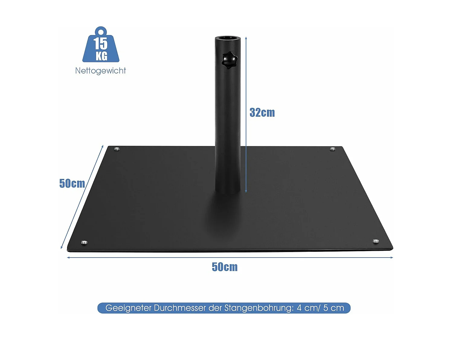 Parasolstandaard, 15 kg, parasolstandaard met 4 verstelbare poten, vierkant parasolgewicht voor parasolstangen van 40/50 mm, parasolvoet voor tuin, balkon