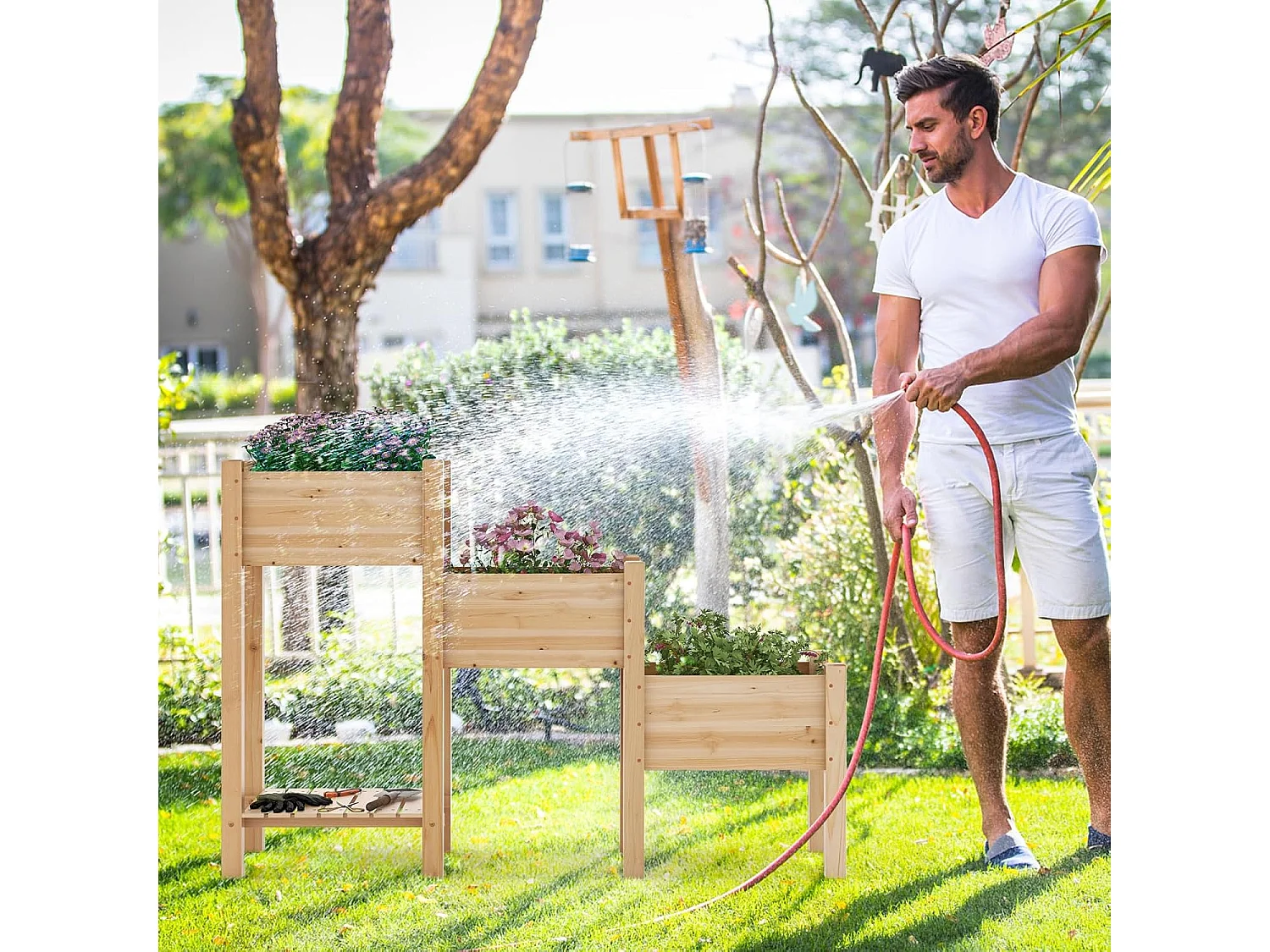 3-laags houten plantenbak, verhoogd tuinbed met opbergplank, drainagegaten, vrijstaande plantenbak (161 x 43 x 104 cm)