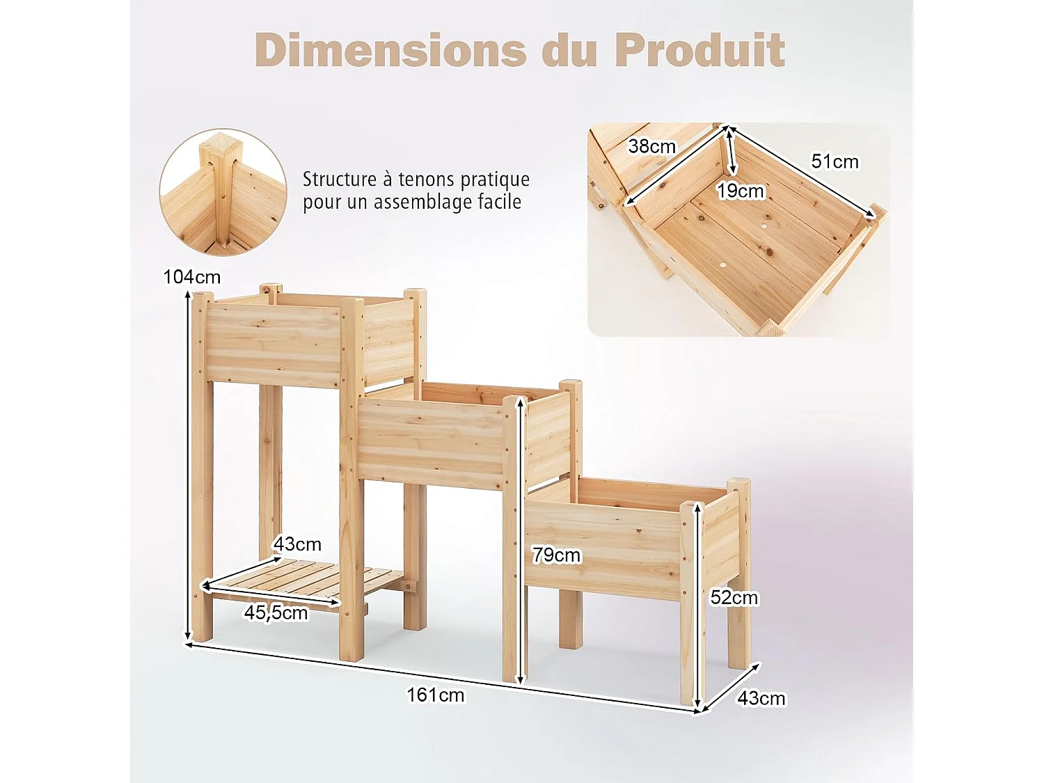 3-laags houten plantenbak, verhoogd tuinbed met opbergplank, drainagegaten, vrijstaande plantenbak (161 x 43 x 104 cm)