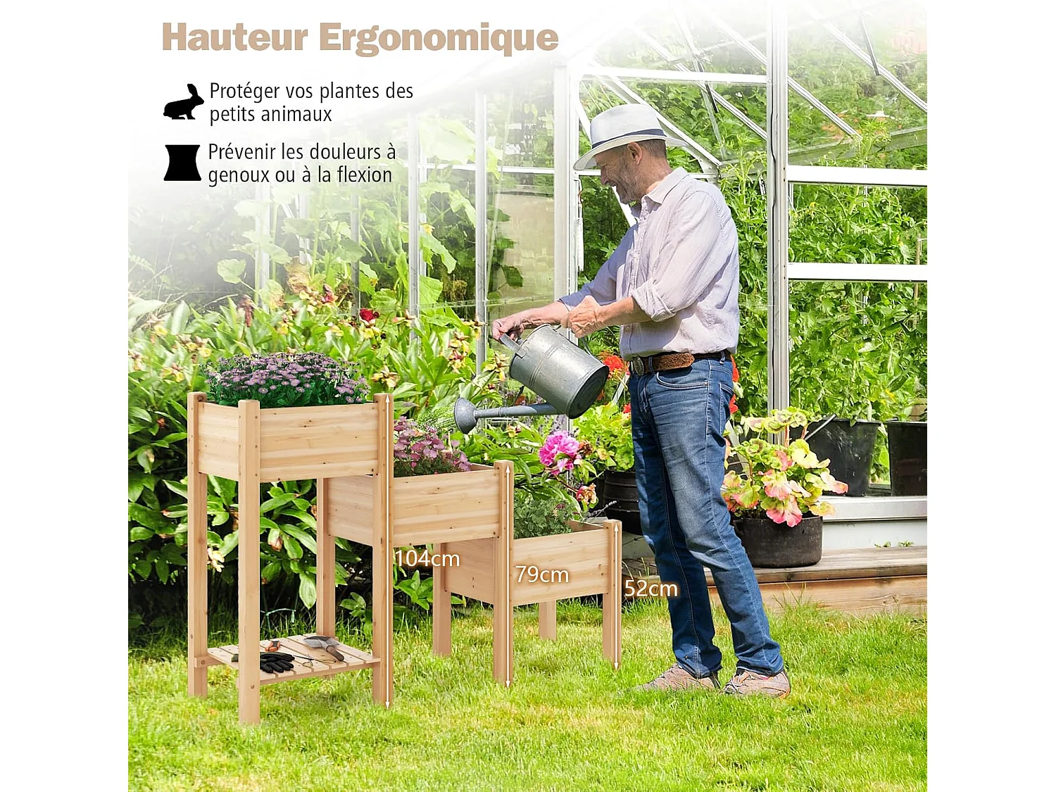 3-laags houten plantenbak, verhoogd tuinbed met opbergplank, drainagegaten, vrijstaande plantenbak (161 x 43 x 104 cm)
