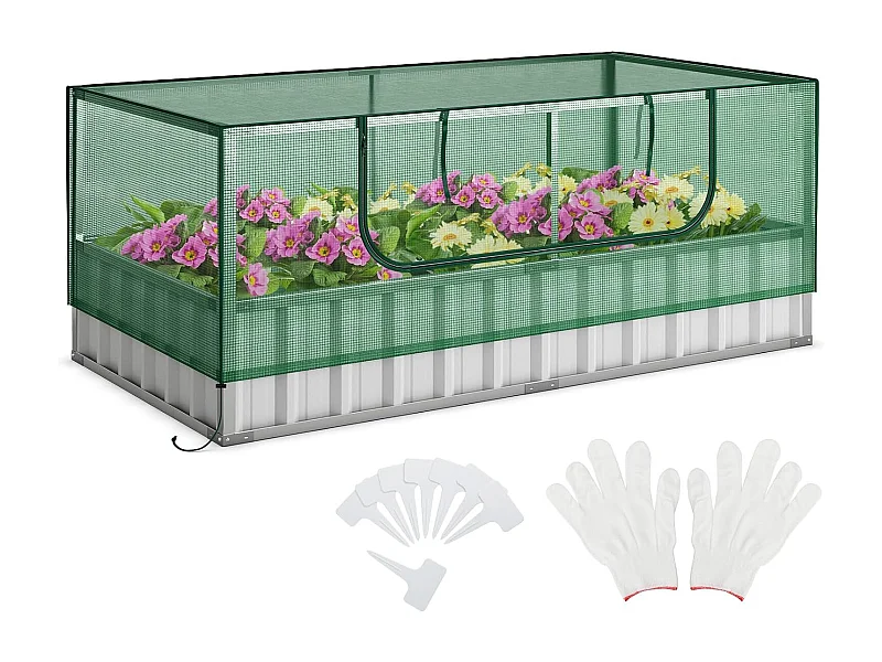 Mini Serre de Jardin et Lit de Jardin Surélevé 174x90x71cm, Jardinière avec Porte Enroulable 8 Étiquettes en T et Une Paire de Gants