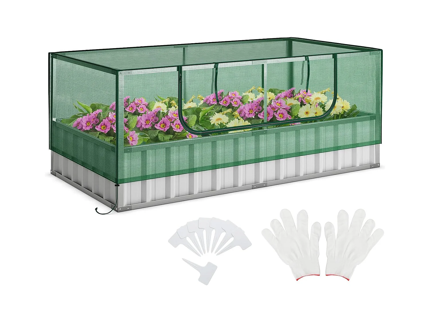 Mini Serre de Jardin et Lit de Jardin Surélevé 174x90x71cm, Jardinière avec Porte Enroulable 8 Étiquettes en T et Une Paire de Gants