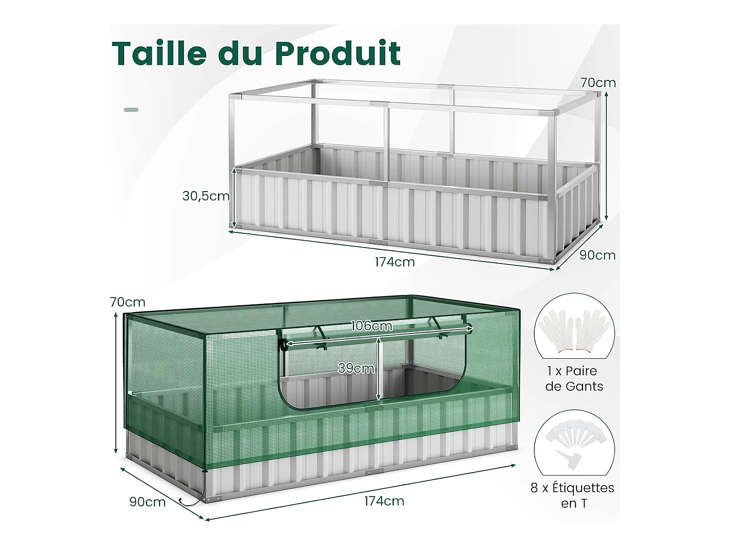 Mini Serre de Jardin et Lit de Jardin Surélevé 174x90x71cm, Jardinière avec Porte Enroulable 8 Étiquettes en T et Une Paire de Gants