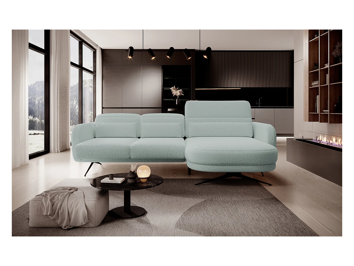 ECKSOFA BARILLO - Dossier réglable, pieds en acier, 3 coussins, indépendant, 261x170x97cm, côté droit vert