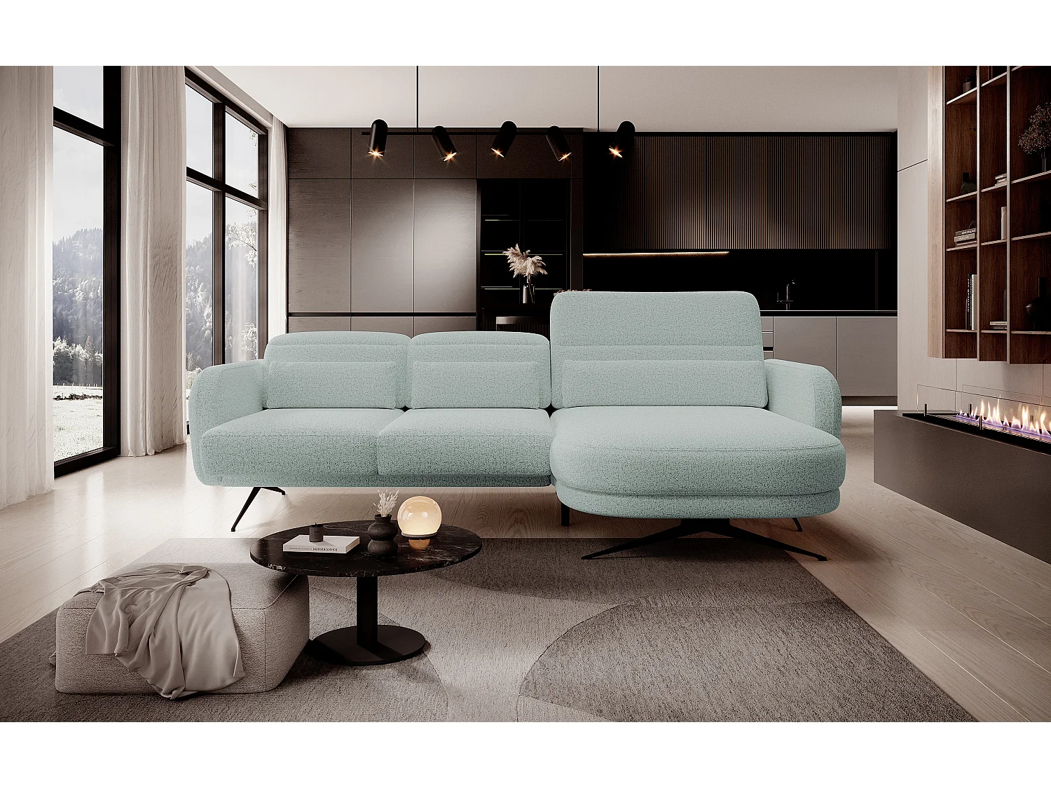 ECKSOFA BARILLO - Dossier réglable, pieds en acier, 3 coussins, indépendant, 261x170x97cm, côté droit vert