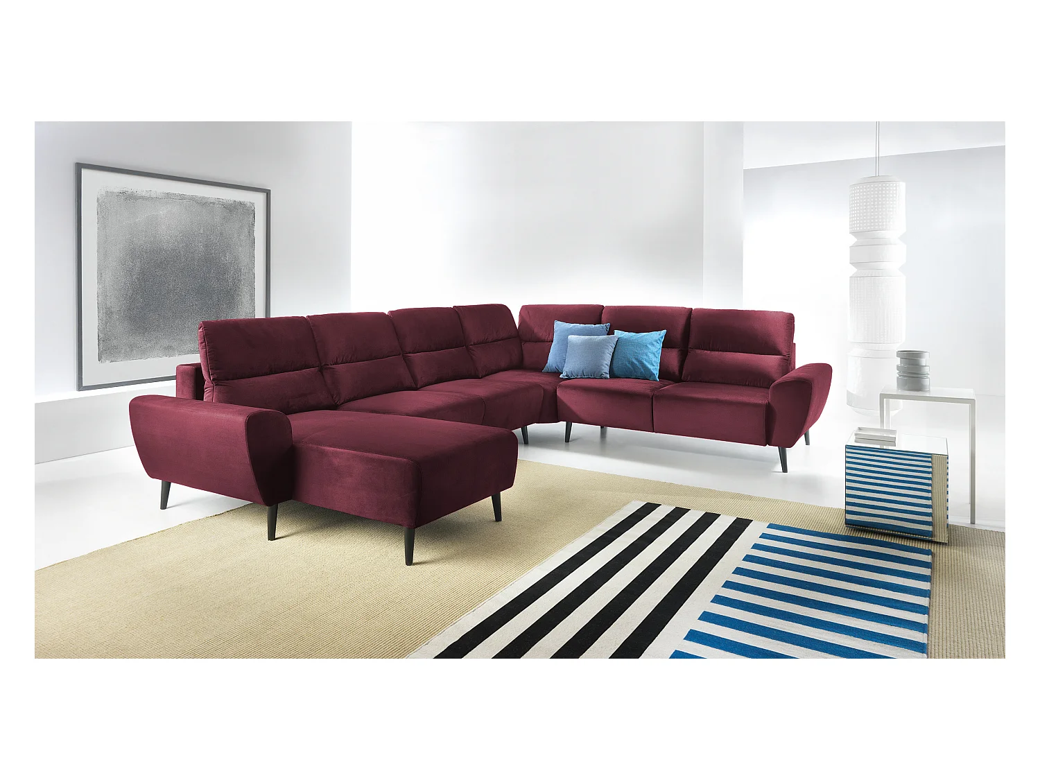 Polster-Ecksofa BOSCO U-Form, Monolith-Stoff, Freistehend, mit verstellbaren Kopfstützen, Sofa für Familien, Größe: 340x270x98cm, Farbe: Burgunderrot