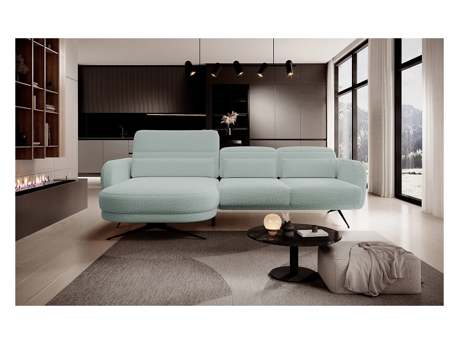 ECKSOFA BARILLO - Dossier réglable, pieds en acier, 3 coussins, indépendant, 261x170x97cm, côté gauche vert