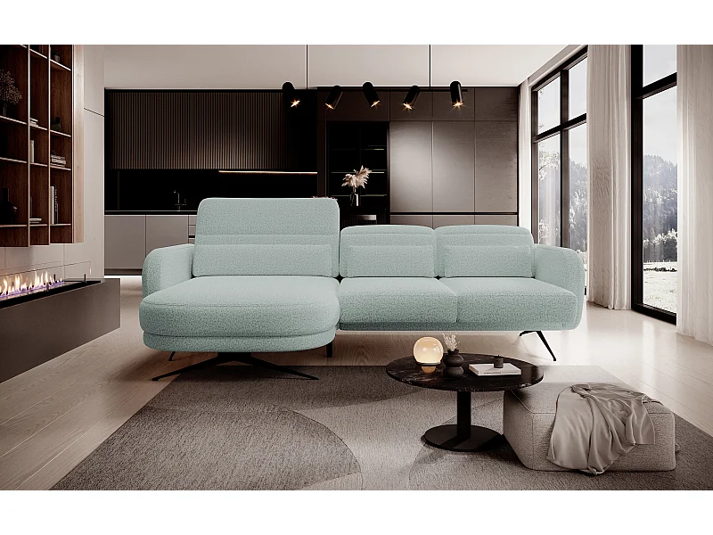 ECKSOFA BARILLO - Dossier réglable, pieds en acier, 3 coussins, indépendant, 261x170x97cm, côté gauche vert