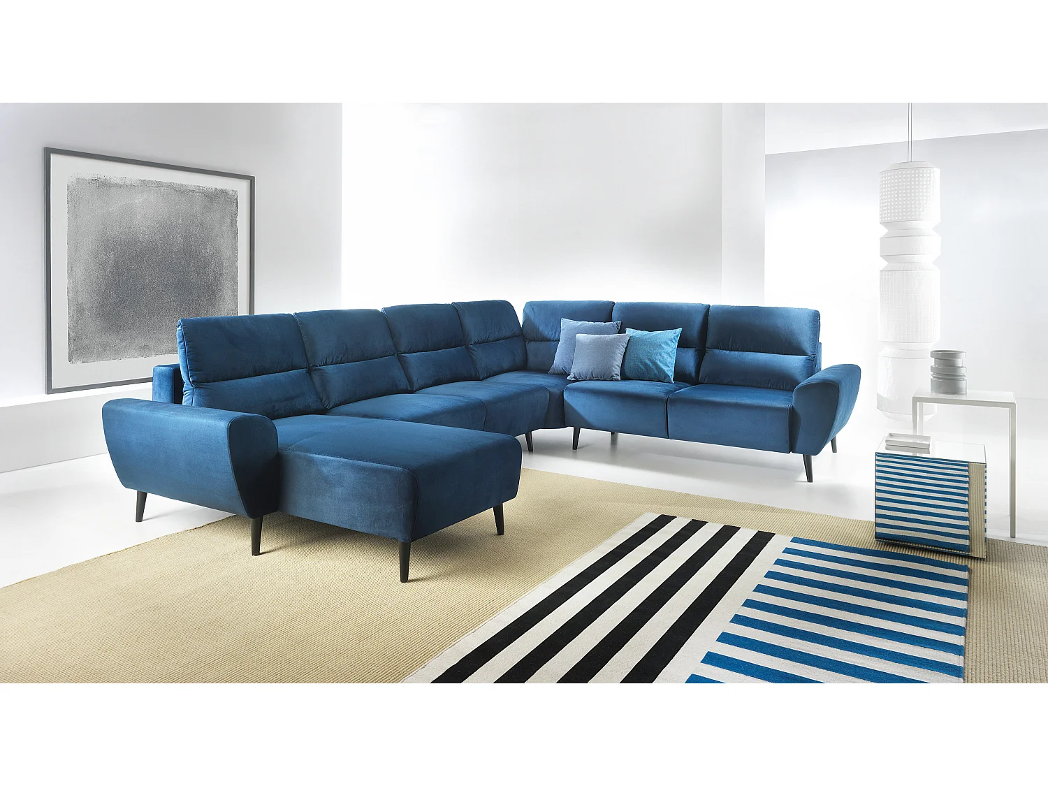 Canapé d'angle BOSCO en U, tissu Monolith, autoportant, appuie-têtes réglables, 340x270x98cm, Bleu