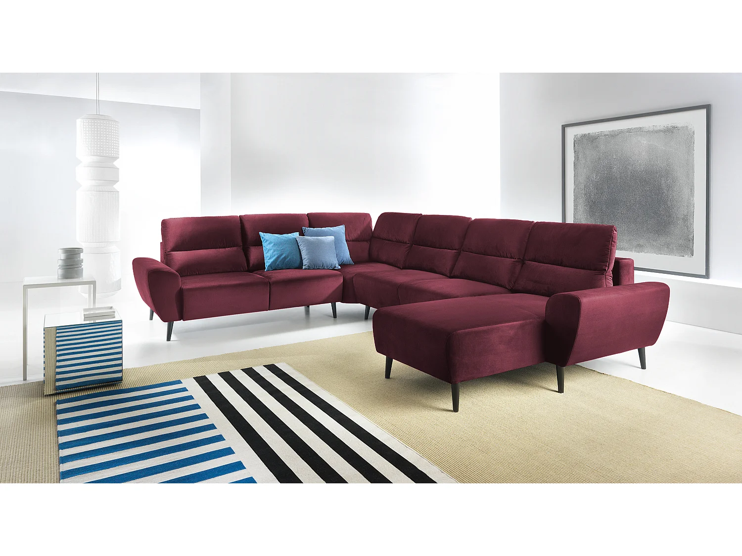 Polster-Ecksofa BOSCO U-Form, Monolith-Stoff, Freistehend, mit verstellbaren Kopfstützen, Sofa für Familien, Größe: 340x270x98cm, Farbe: Burgunderrot