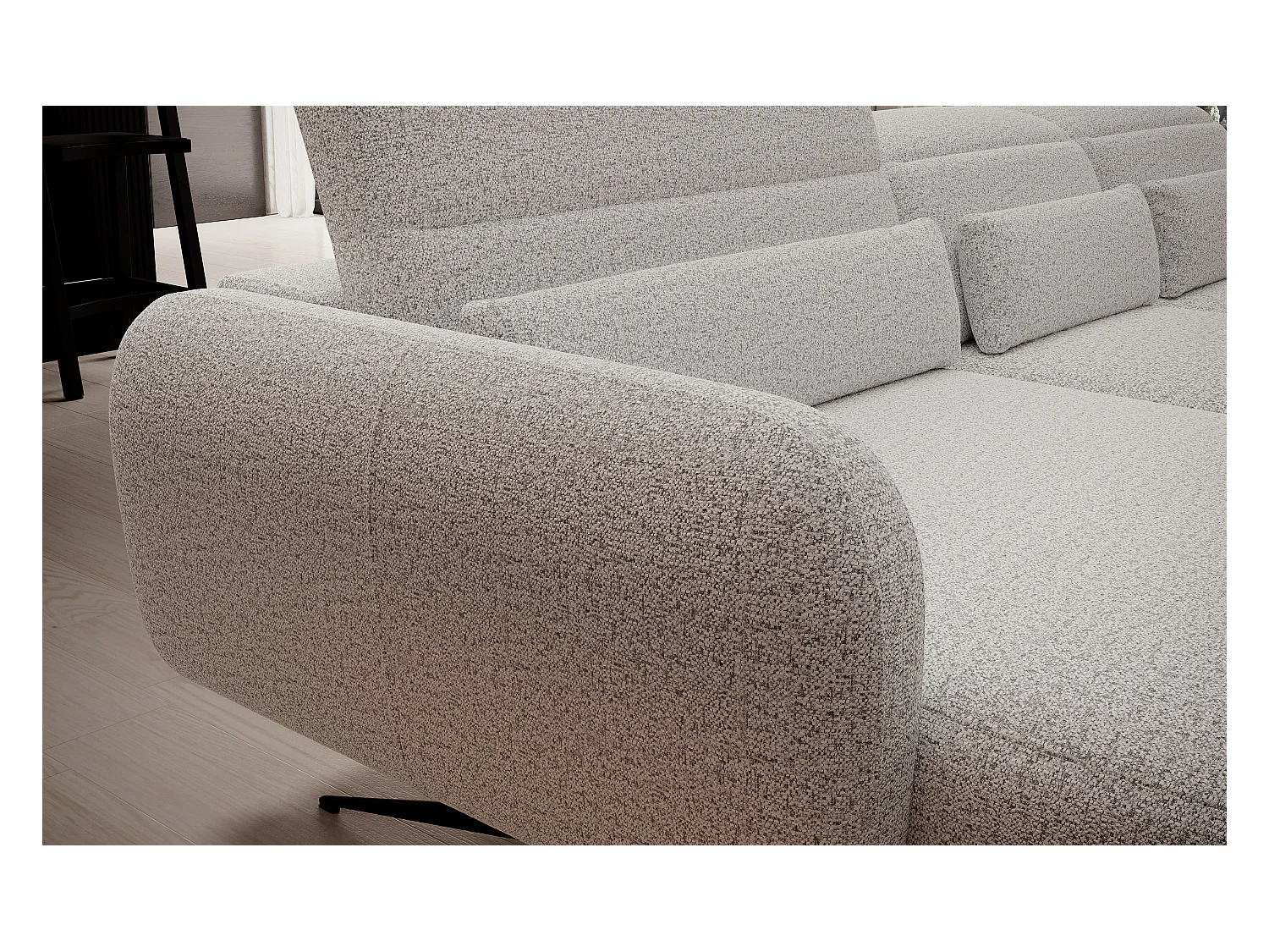 NAROŻNIK BARILLO-Regulowane oparcie, Stalowe nóżki, Eleganckie podłokietniki, 3 poduszki oparciowe, Wolnostojący, 261x170x97 cm Lewa strona Popielaty