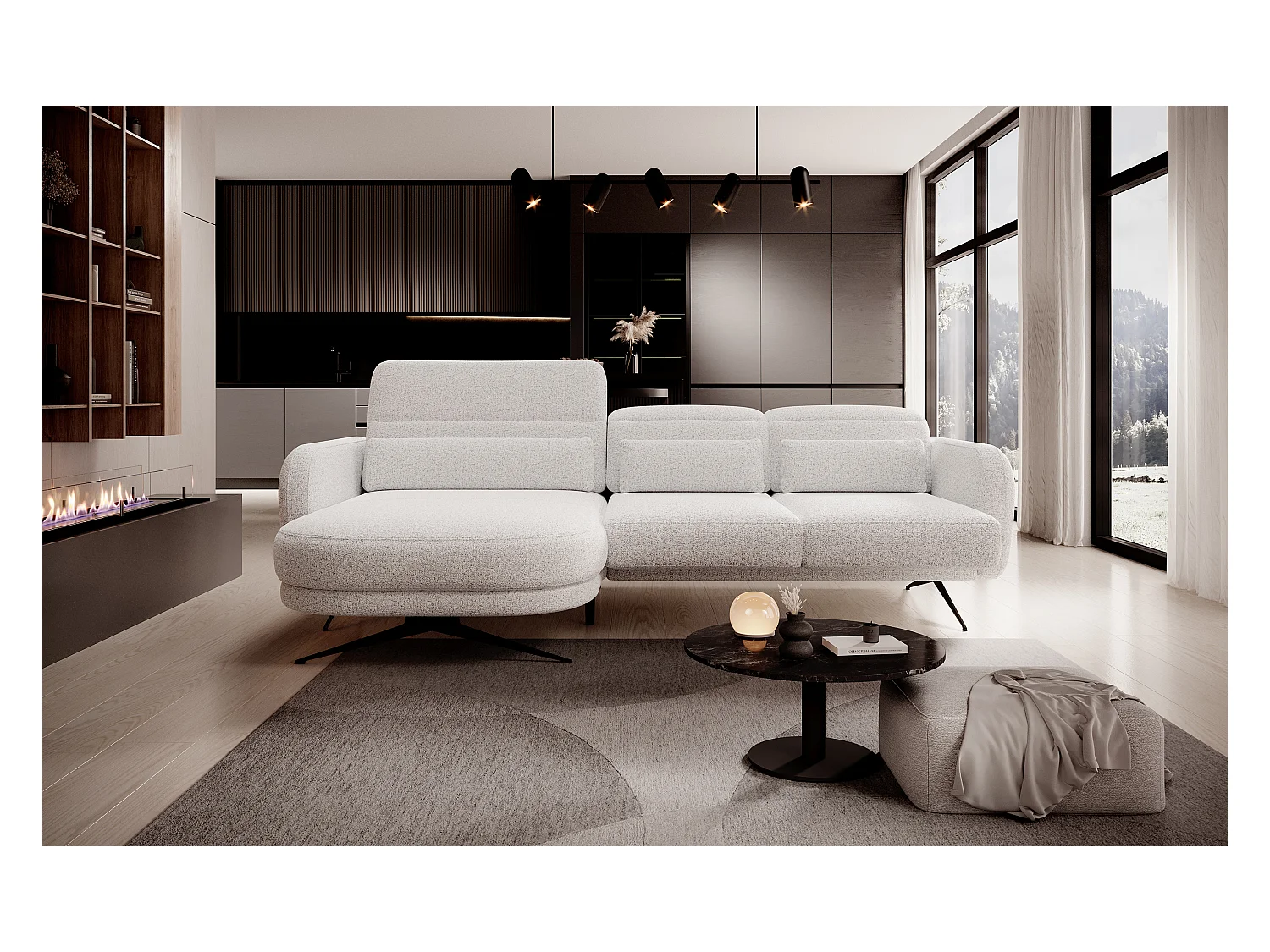 ECKSOFA BARILLO - Dossier réglable, pieds en acier, 3 coussins, indépendant, 261x170x97cm, côté gauche Gris