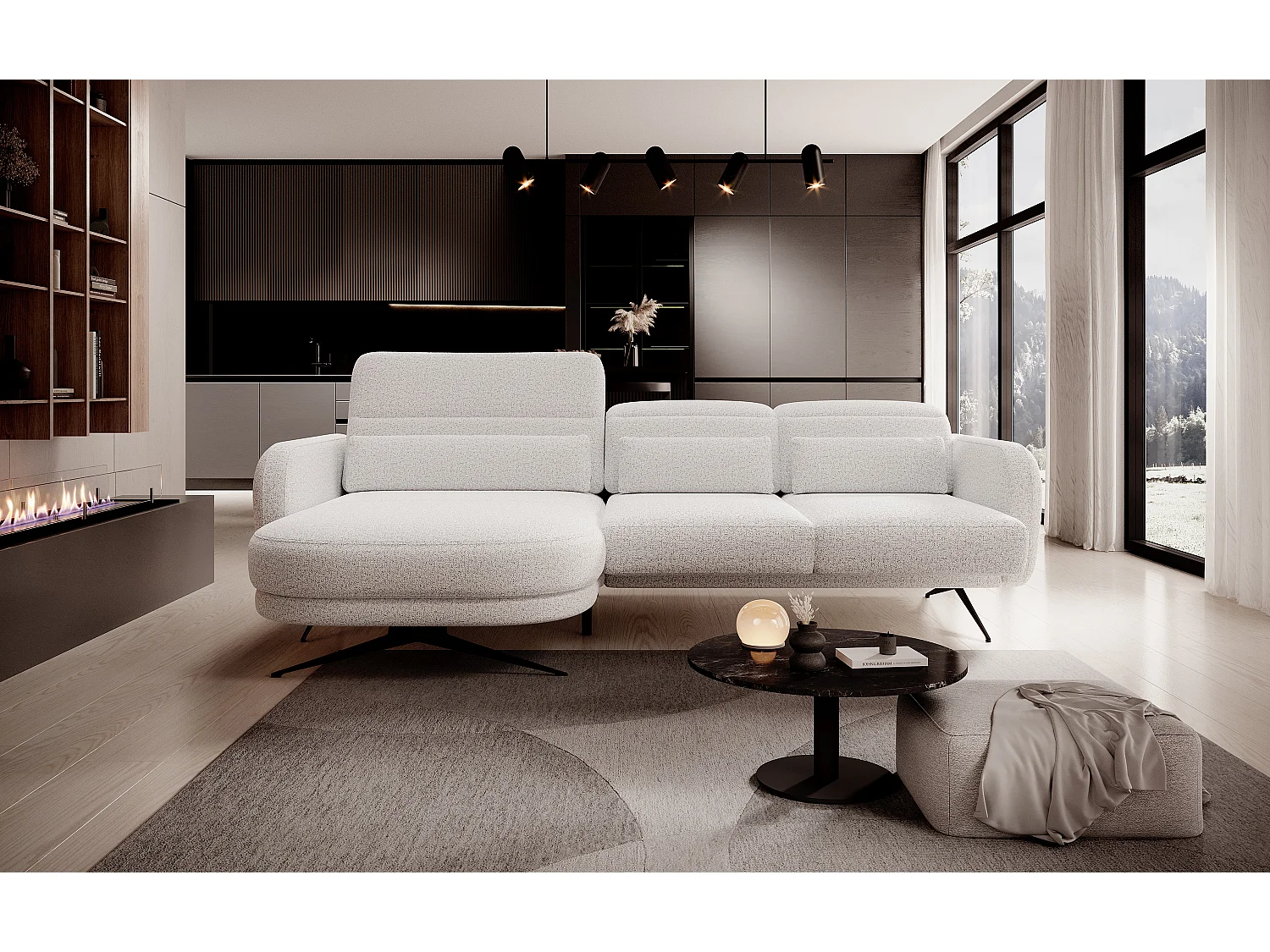 ECKSOFA BARILLO - Dossier réglable, pieds en acier, 3 coussins, indépendant, 261x170x97cm, côté gauche Gris