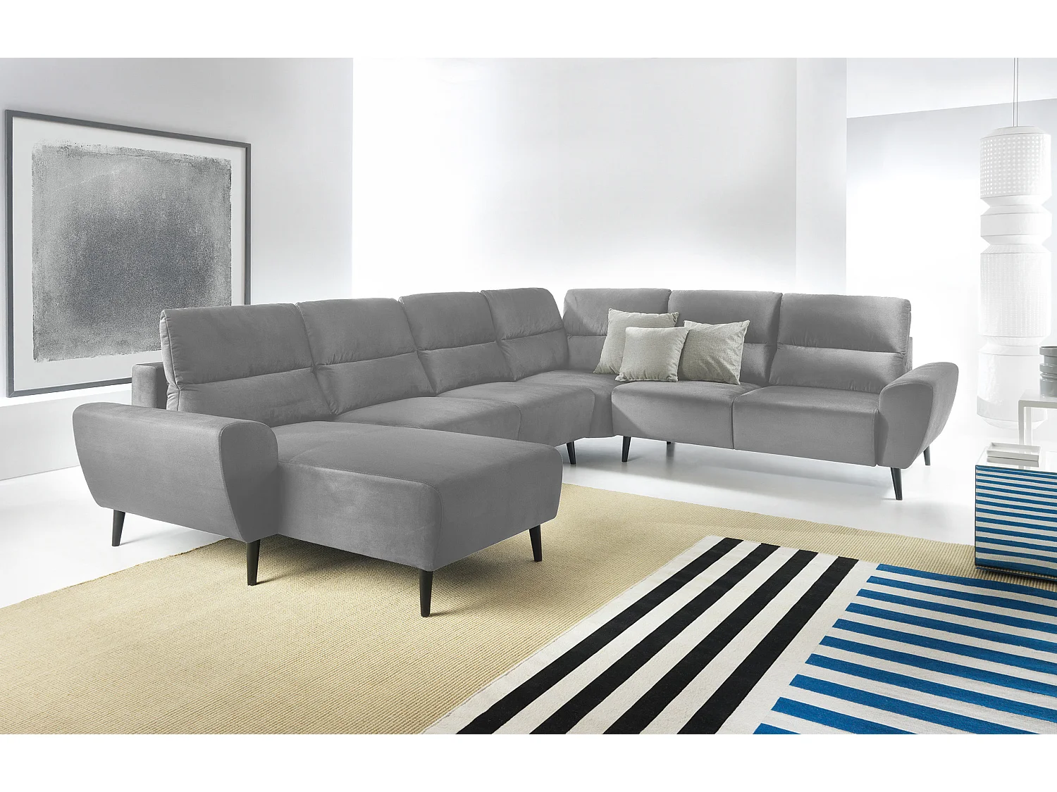 Canapé d'angle BOSCO en U, tissu Monolith, autoportant, appuie-têtes réglables, 340x270x98cm, Frêne