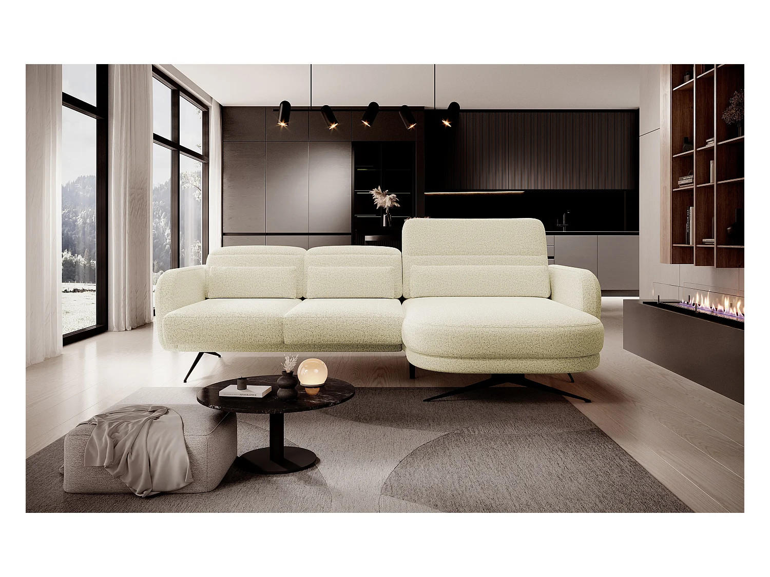 ECKSOFA BARILLO - Verstelbare rugleuning, stalen poten, 3 kussens, onafhankelijk, 261x170x97cm, rechterkant platinum