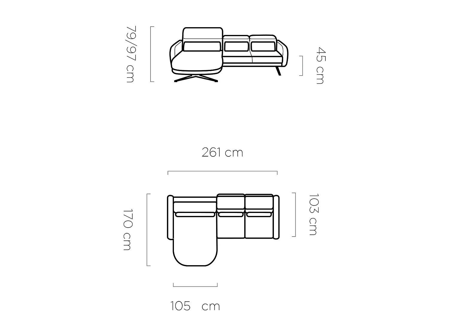 ECKSOFA BARILLO - Dossier réglable, pieds en acier, 3 coussins, indépendant, 261x170x97cm, côté droit platine