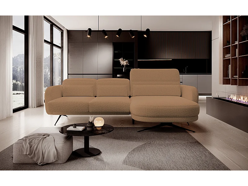 ECKSOFA BARILLO - Dossier réglable, pieds en acier, 3 coussins, indépendant, 261x170x97cm, côté droit caramel