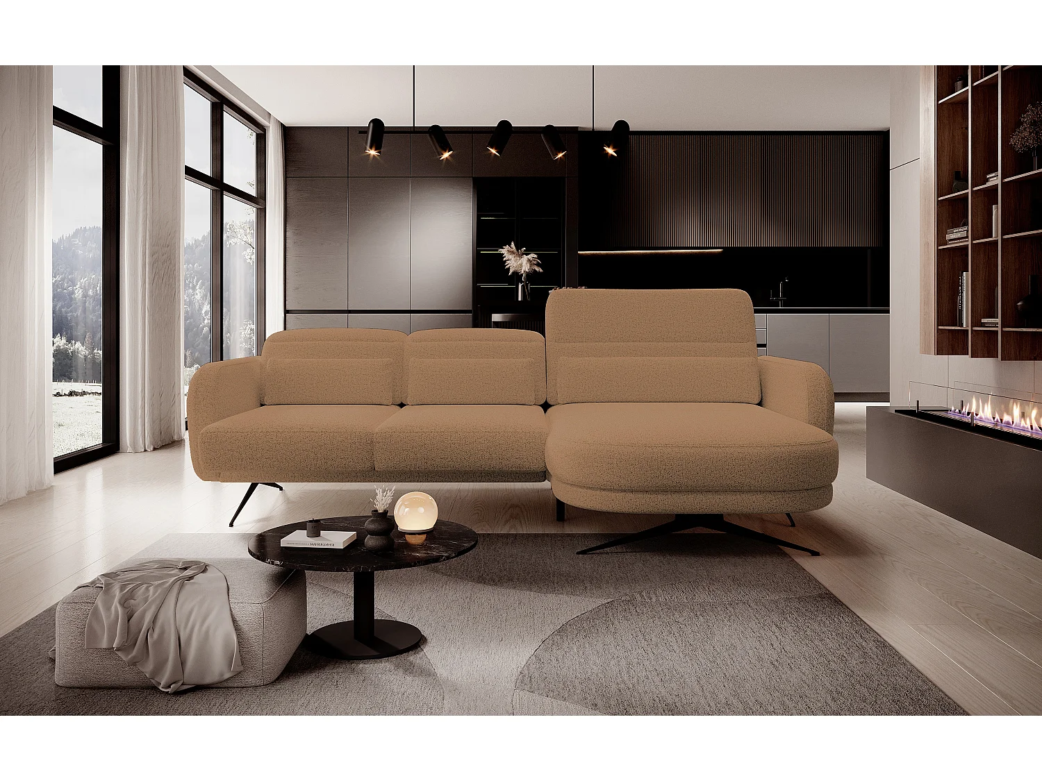 ECKSOFA BARILLO - Dossier réglable, pieds en acier, 3 coussins, indépendant, 261x170x97cm, côté droit caramel