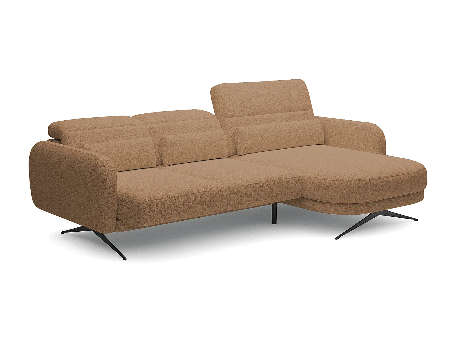 ECKSOFA BARILLO - Dossier réglable, pieds en acier, 3 coussins, indépendant, 261x170x97cm, côté droit caramel