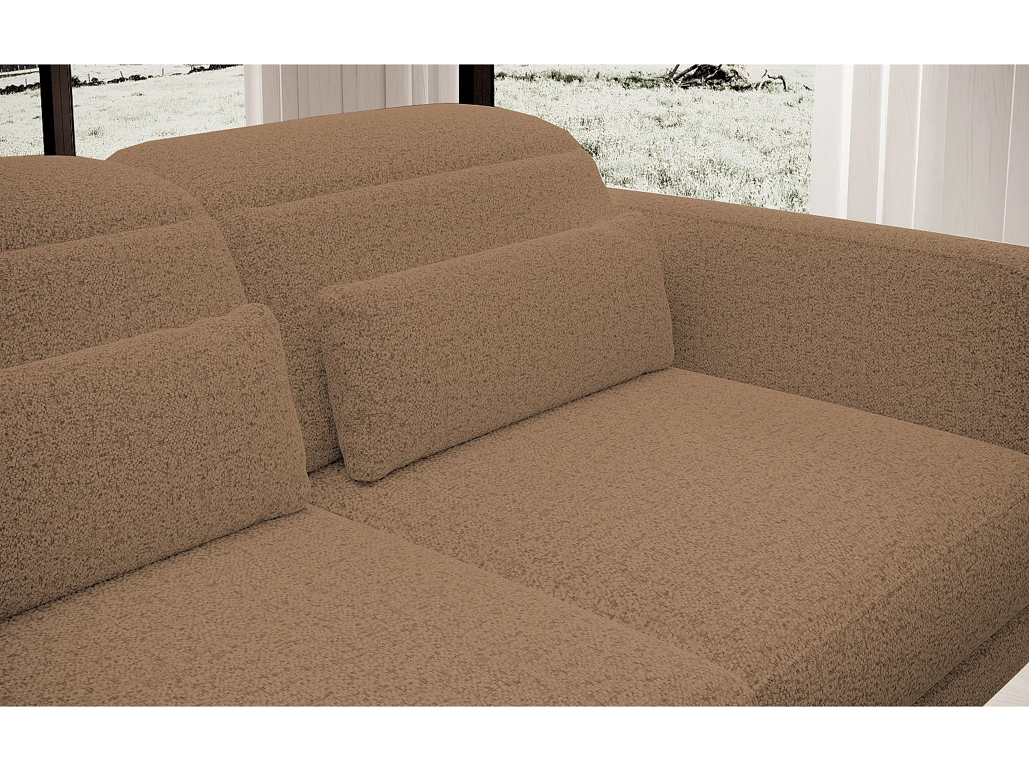 ECKSOFA BARILLO - Dossier réglable, pieds en acier, 3 coussins, indépendant, 261x170x97cm, côté droit caramel