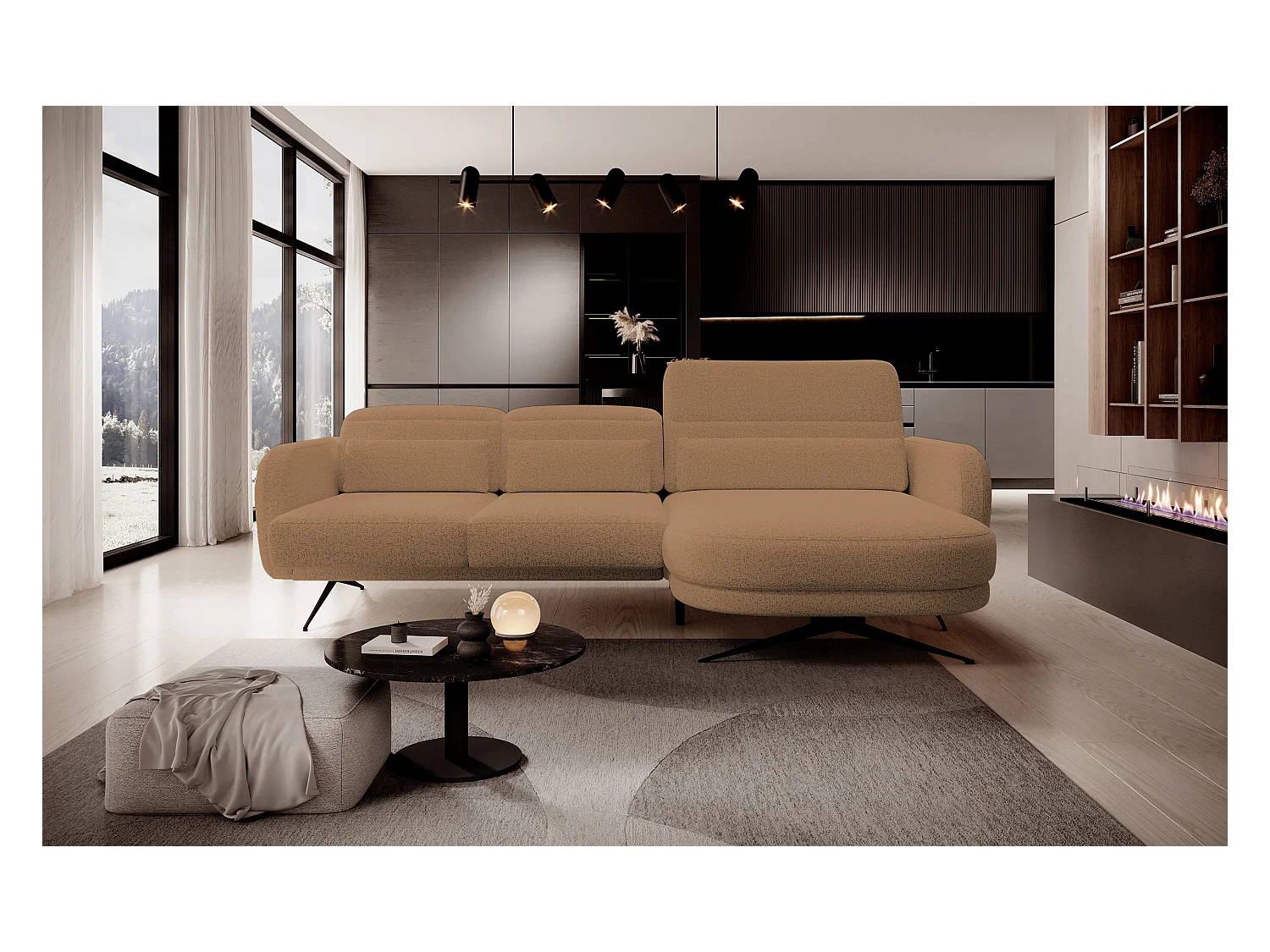 ECKSOFA BARILLO - Dossier réglable, pieds en acier, 3 coussins, indépendant, 261x170x97cm, côté droit caramel