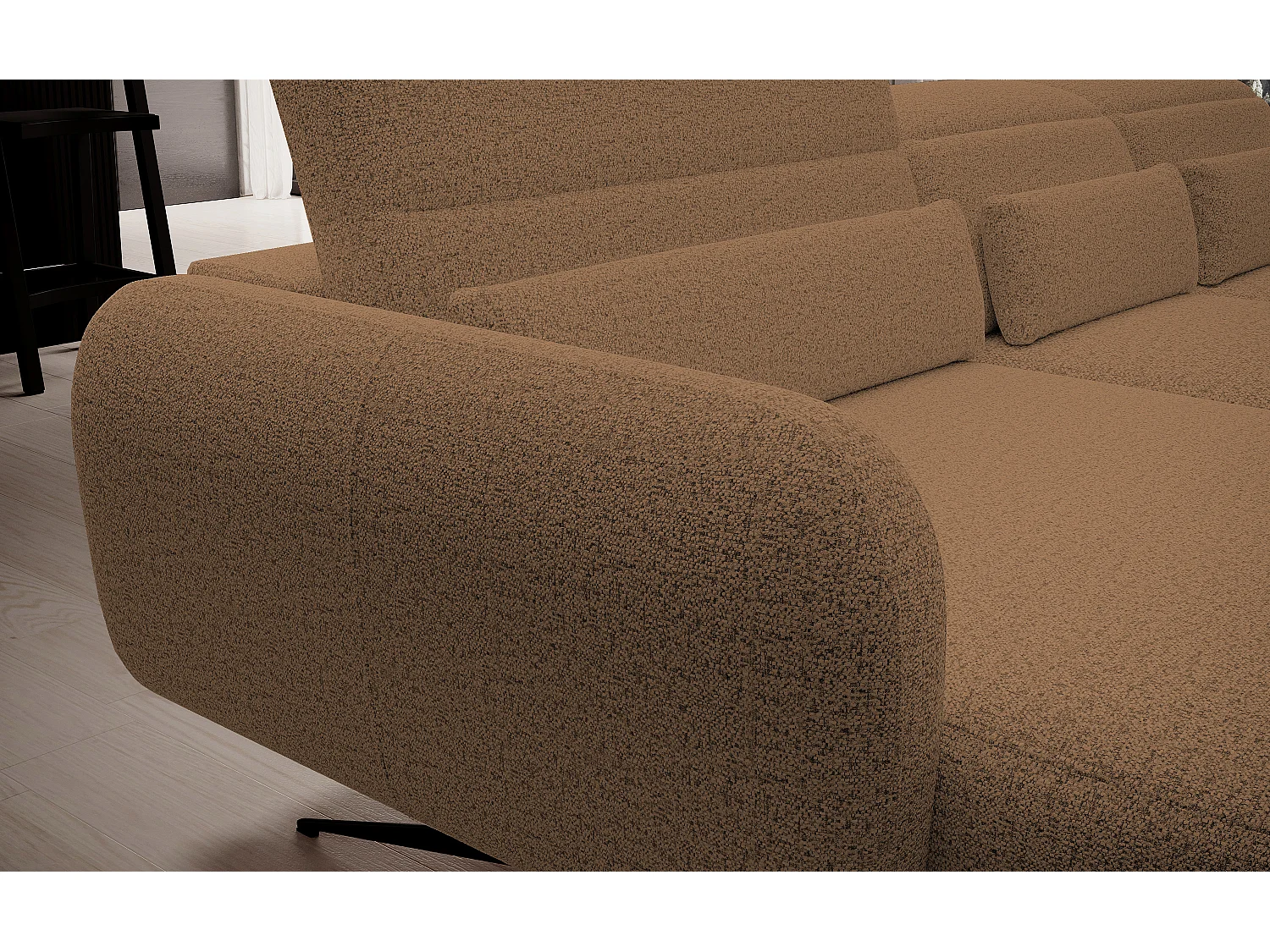 ECKSOFA BARILLO - Dossier réglable, pieds en acier, 3 coussins, indépendant, 261x170x97cm, côté droit caramel
