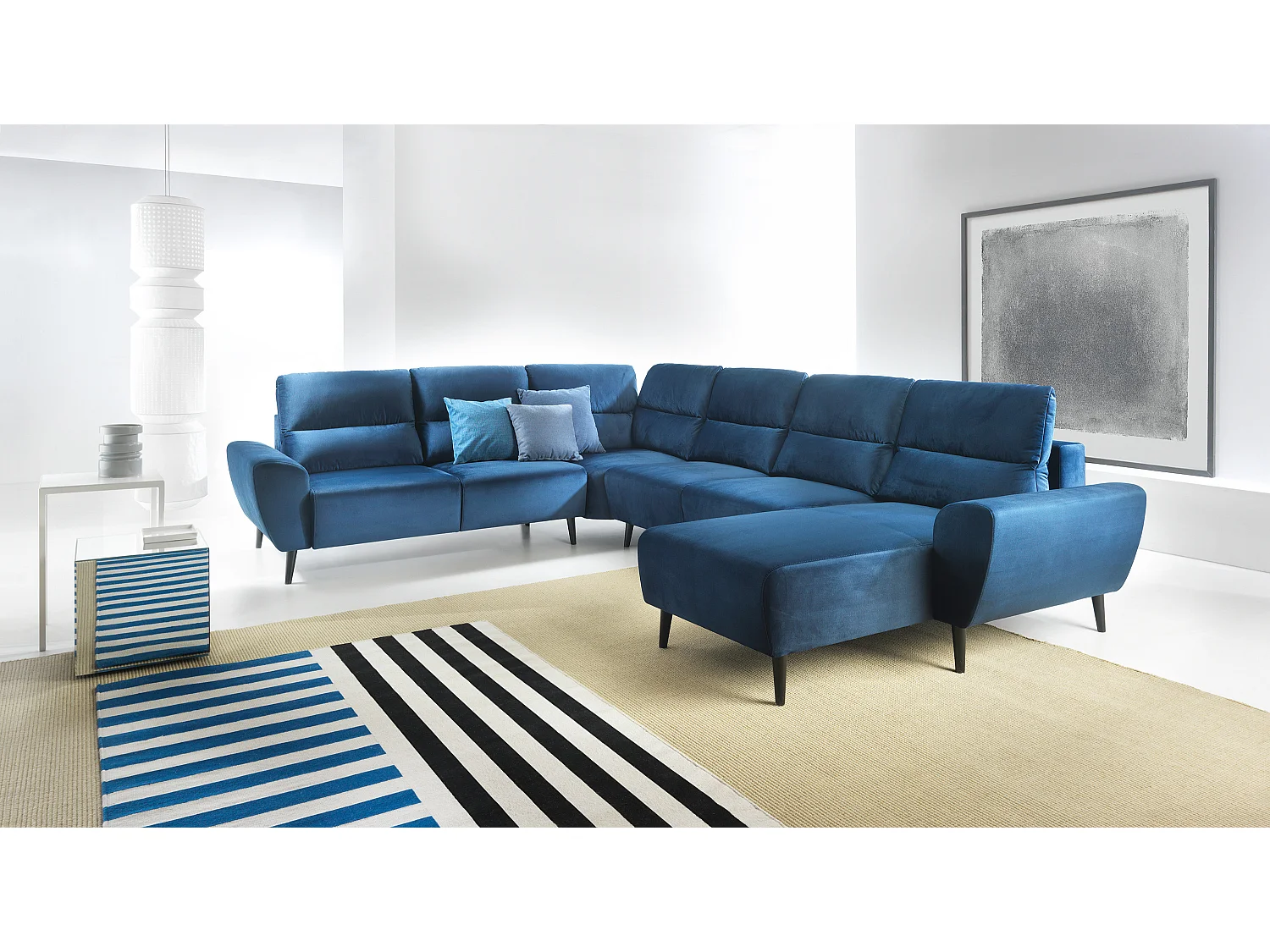 Polster-Ecksofa BOSCO U-Form, Monolith-Stoff, Freistehend, mit verstellbaren Kopfstützen, Sofa für Familien, Größe: 340x270x98cm, Farbe: Blau