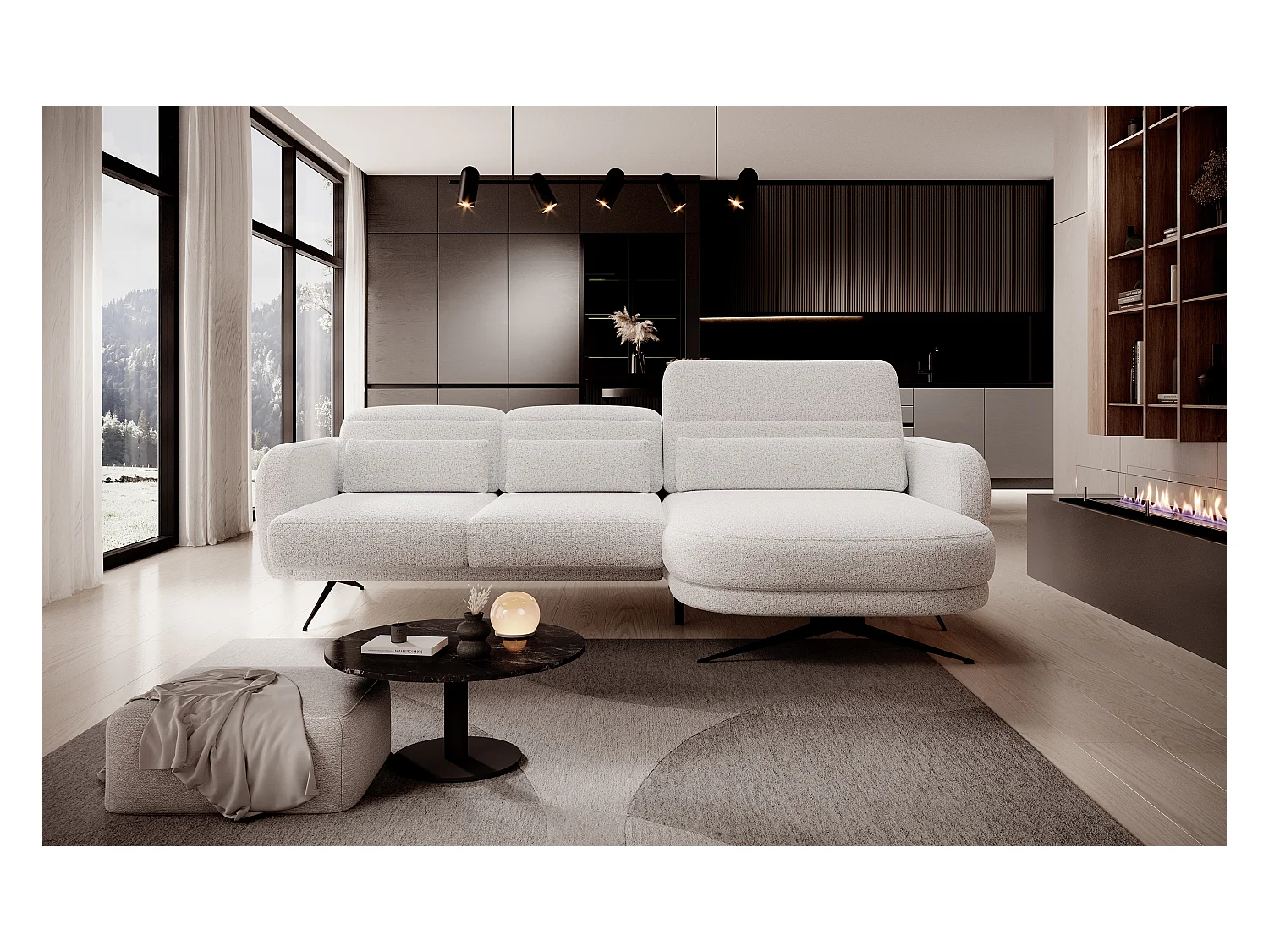 NAROŻNIK BARILLO-Regulowane oparcie, Stalowe nóżki, Eleganckie podłokietniki, 3 poduszki oparciowe, Wolnostojący, 261x170x97 cm Prawa strona Popielaty