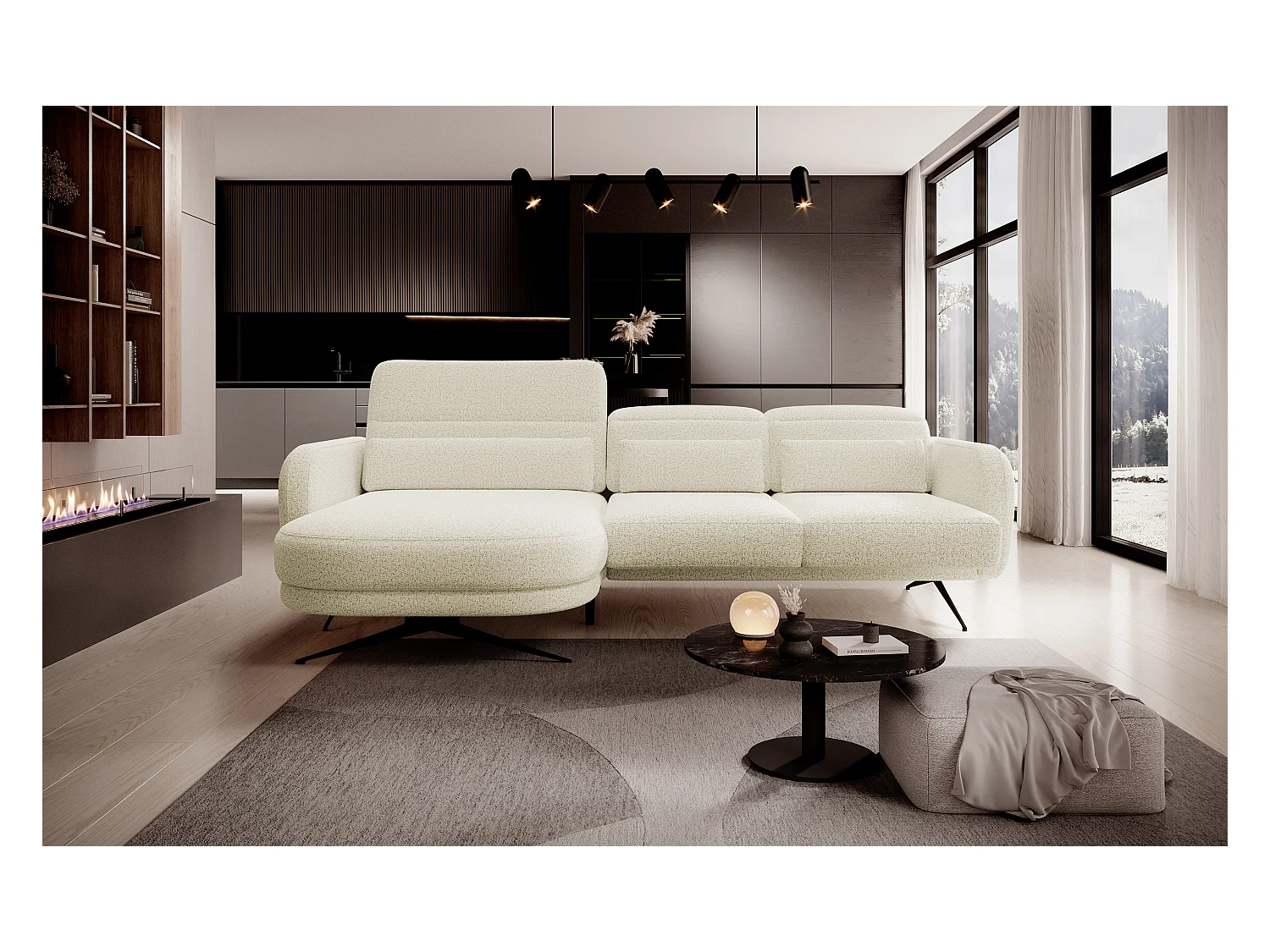 ECKSOFA BARILLO - Dossier réglable, Pieds en acier, 3 coussins, Indépendant, 261x170x97cm, Côté gauche Beige