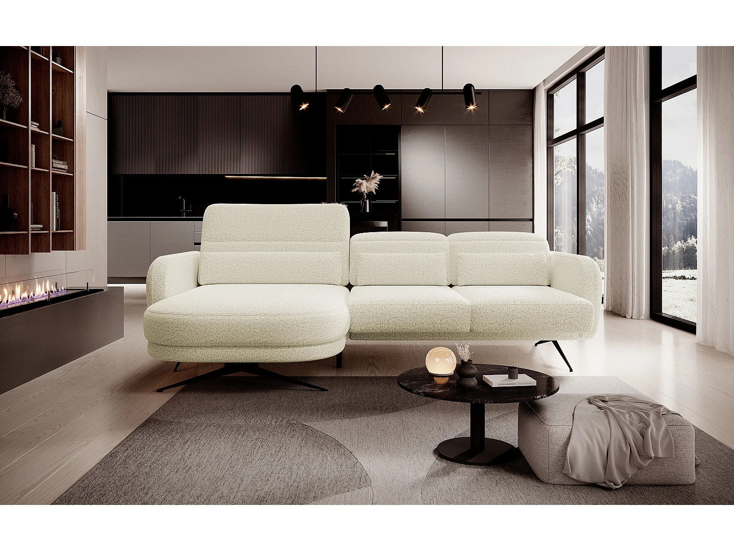 ECKSOFA BARILLO - Dossier réglable, Pieds en acier, 3 coussins, Indépendant, 261x170x97cm, Côté gauche Beige