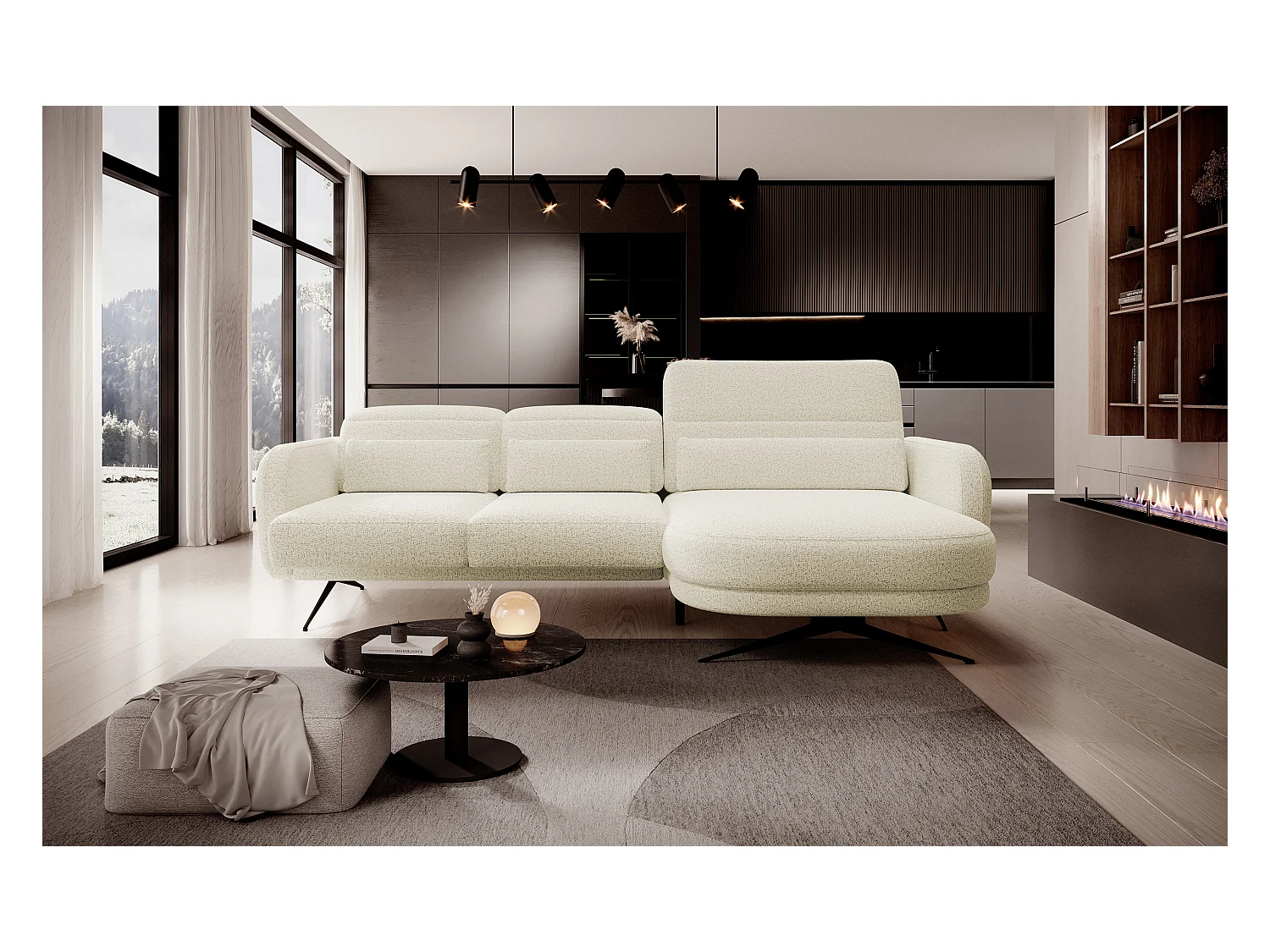 ECKSOFA BARILLO - Dossier réglable, pieds en acier, 3 coussins, indépendant, 261x170x97cm, côté droit Beige